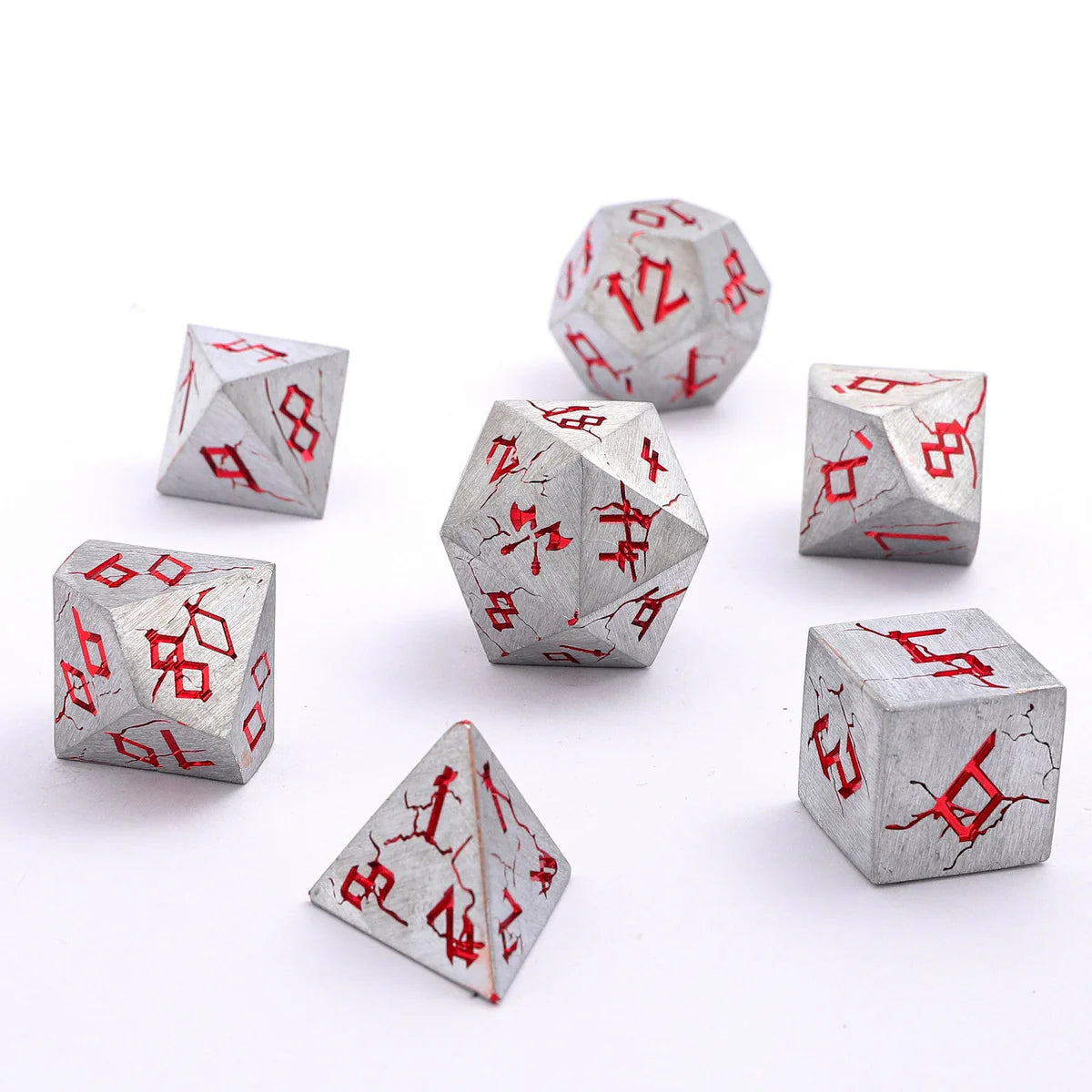 Barbarian Solid Metal Polyhedral Dice Set - Matte Silver and Red